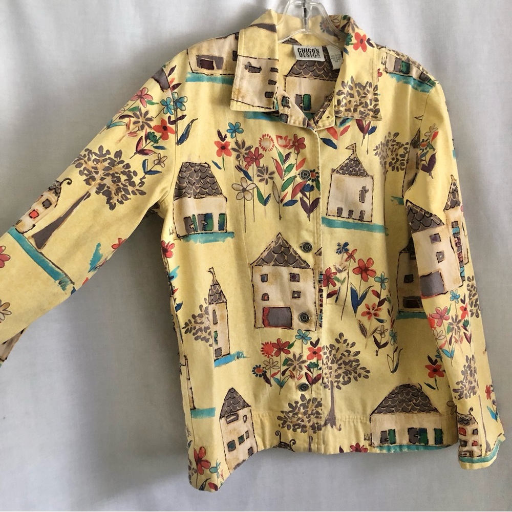 Chico's Design Denim Jacket Whimsical Floral House Print Size M/L - Picture 4 of 13